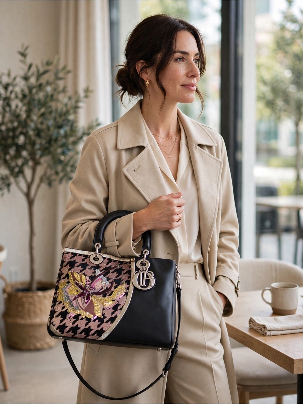 Dior Diorissimo Medium Limited Edition Sequin Houndstooth Floral Embroidery
